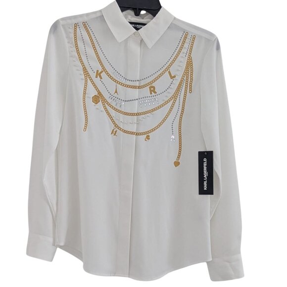 🖤 BF Karl Lagerfeld Paris White Chain Embellished Blouse – NWT – Size XS - Picture 2 of 6